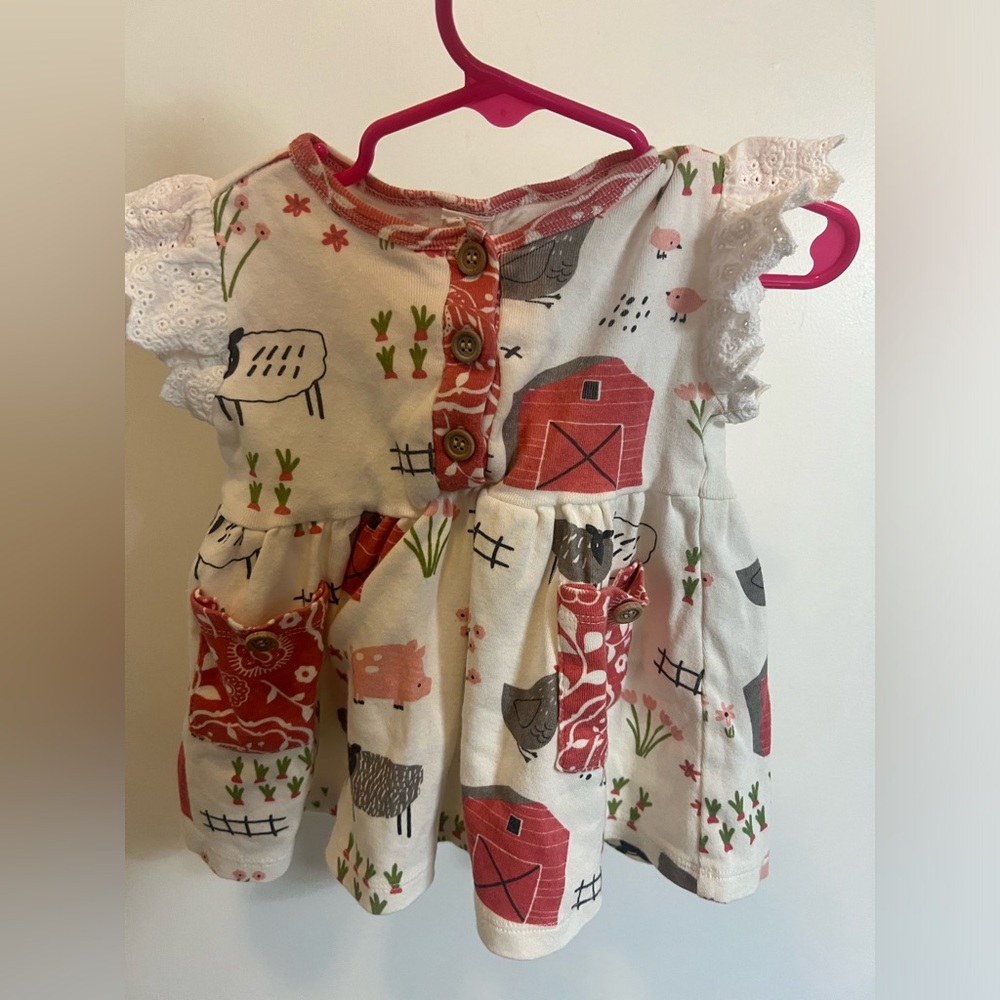 Tesa Babe Farm Animal Print Baby Dress in Cream and Red 3-6M